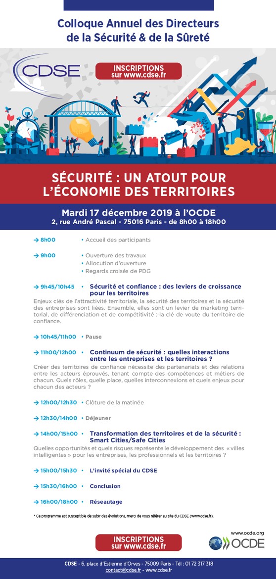 Colloque annuel du CDSE : le programme de l’édition 2019 « Sécurité : un atout pour l’économie des territoires » est disponible !