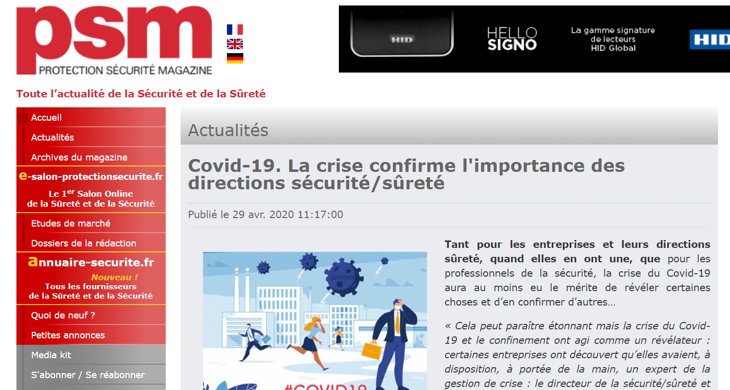 Protection sécurité magazine : « Covid-19. La crise confirme l’importance des directions sécurité/sûreté »