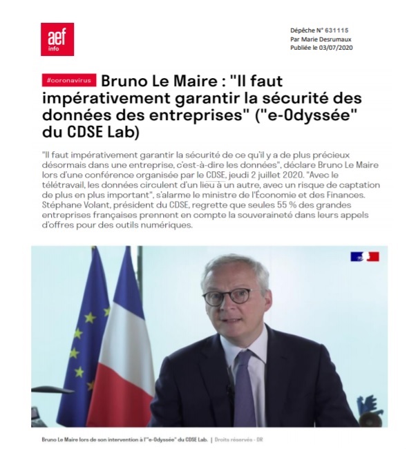 AEF Info revient sur l’e-Odyssée du CDSE Lab – Bruno Le Maire : « Il faut impérativement garantir la sécurité des données des entreprises »