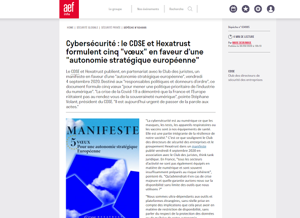 [Dépêche AEF Info] Cybersécurité : le CDSE et Hexatrust formulent cinq « vœux » en faveur d’une « autonomie stratégique européenne »
