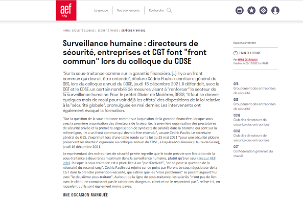 Surveillance humaine : « front commun » des directeurs de sécurité, prestataires et salariés lors du colloque du CDSE 2021 (AEF Info)