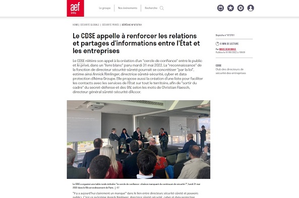 AEF Info : « Le CDSE appelle à renforcer les relations et partages d’informations entre l’État et les entreprises »
