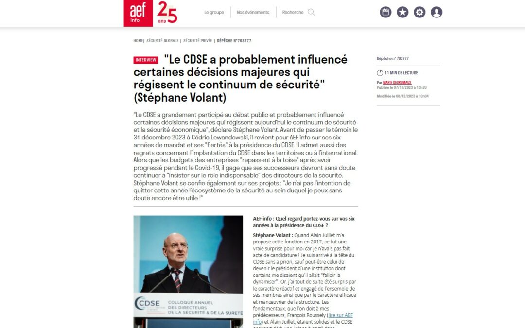Colloque du CDSE 2023 : Stéphane Volant revient sur ses 6 ans de mandat dans une interview à AEF Info